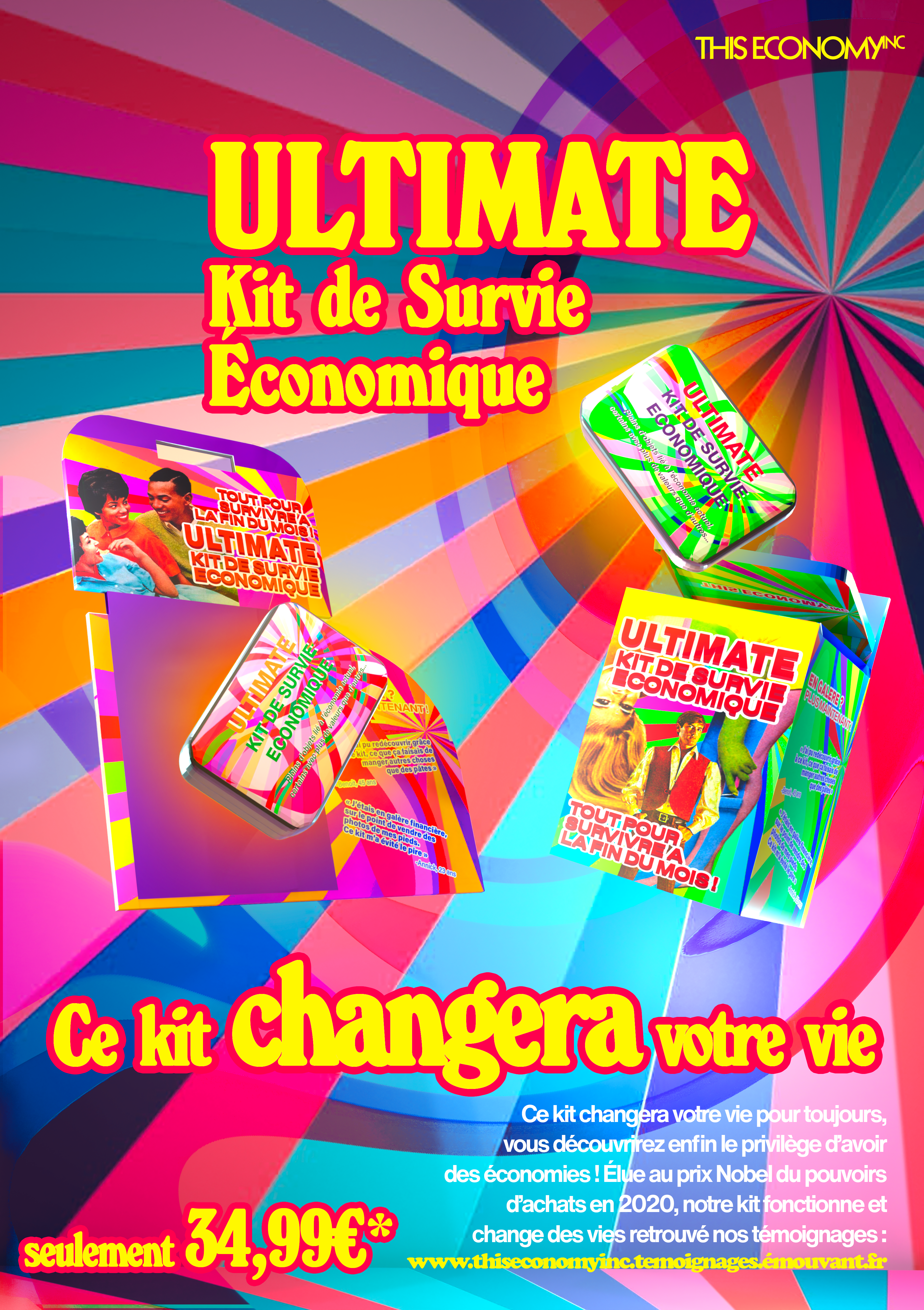 Projet de détournement inspiré du travail de Dana Wyse. Création de l'identité visuelle d'un kit de survie économique tourné vers les familles de classe moyenne, de l'affiche au packaging.